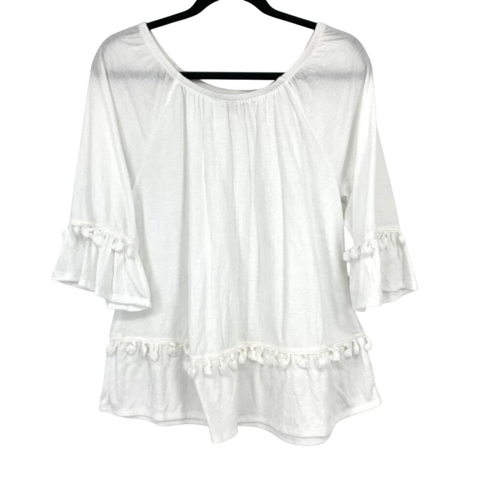 Sol + Luna 3/4 Sleeve Boho Peasant Blouse Womens Size Large White Tassel Trim